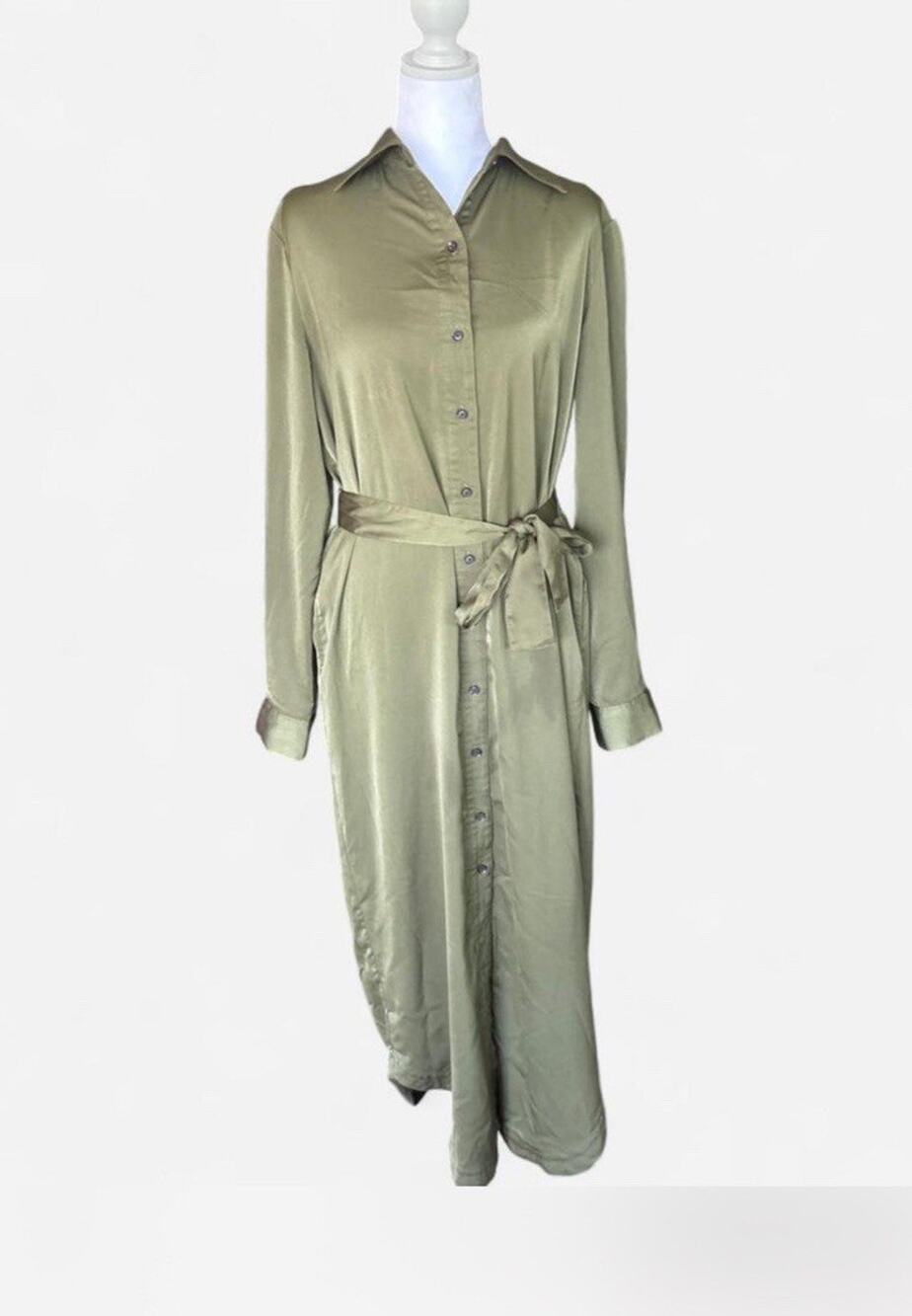 Banana Republic Sage Green Long Sleeve Shirt Dress with Self Tie